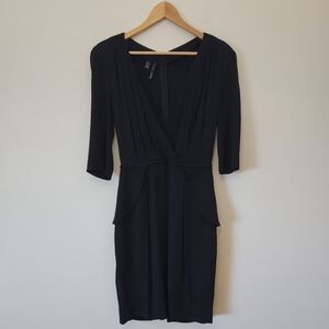 Mango MNG Dress Black Midi Peplum Suit 3/4 Sleeve Padded Shoulder Formal Size S